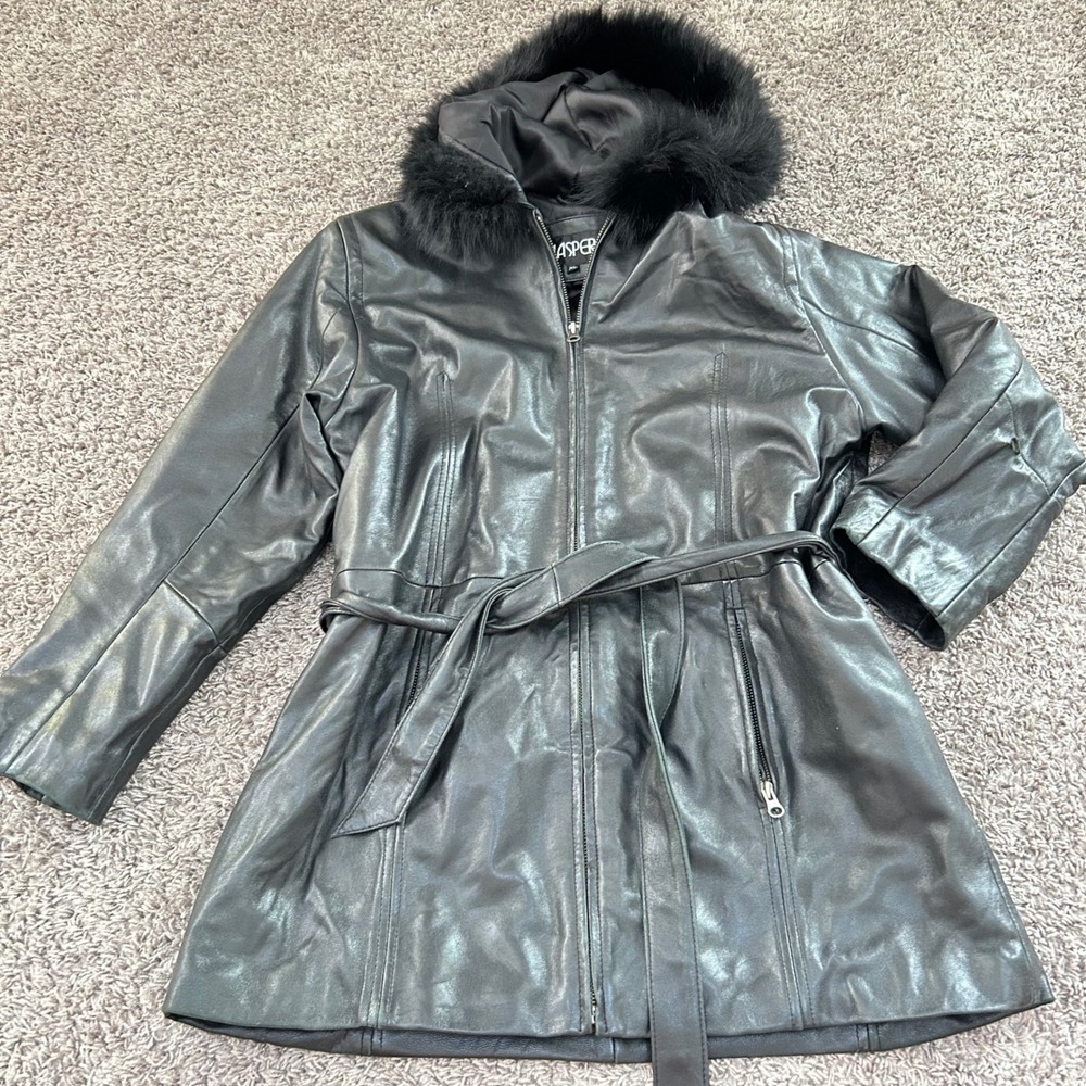 Kasper Leather Coat XL Belted Fur Trim Hooded Black Winter‎ Jacket Women vintage